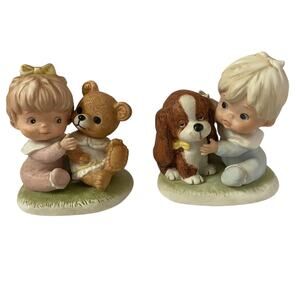 Vintage Homco Baby Figurines Girl with Bear Boy with Puppy Dog #1424 Set of 2